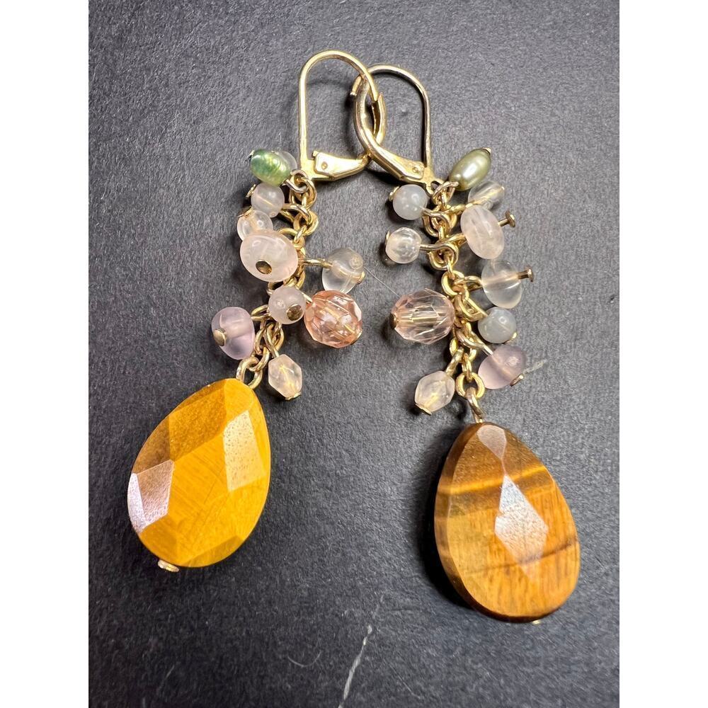 Avon tigers eye gold tone lever back chandelier earrings